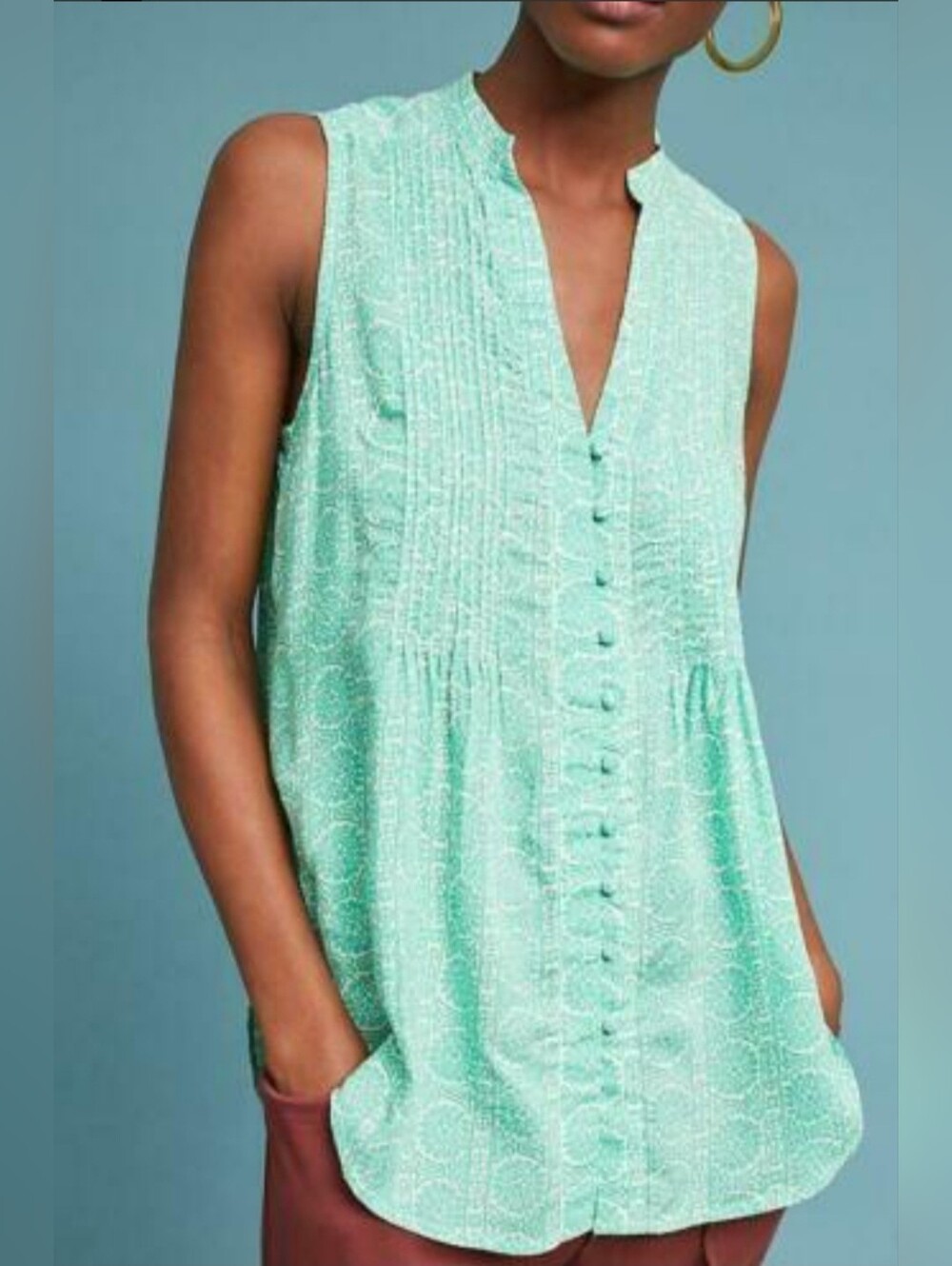 Anthropologie Maeve Green Patterned Button-Front Top